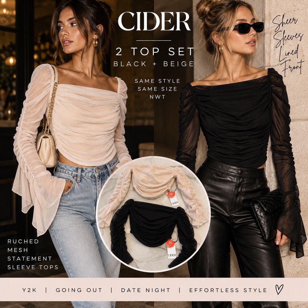 Y2K Night Out Ruched Mesh Sheer Sleeve Tops 2 Pack Black Beige NWT Cider XS